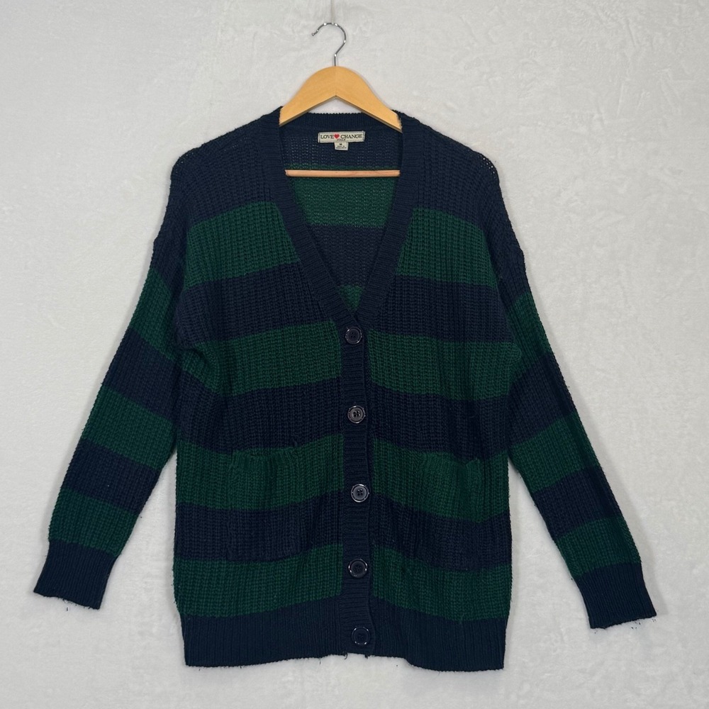 Love Change Navy Green Striped Button Front Cardigan Sweater Size M
